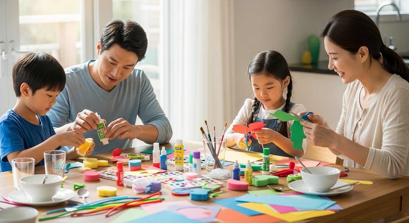가족이 식탁에 둘러앉아 다양한 재료로 DIY 장난감을 만드는 모습