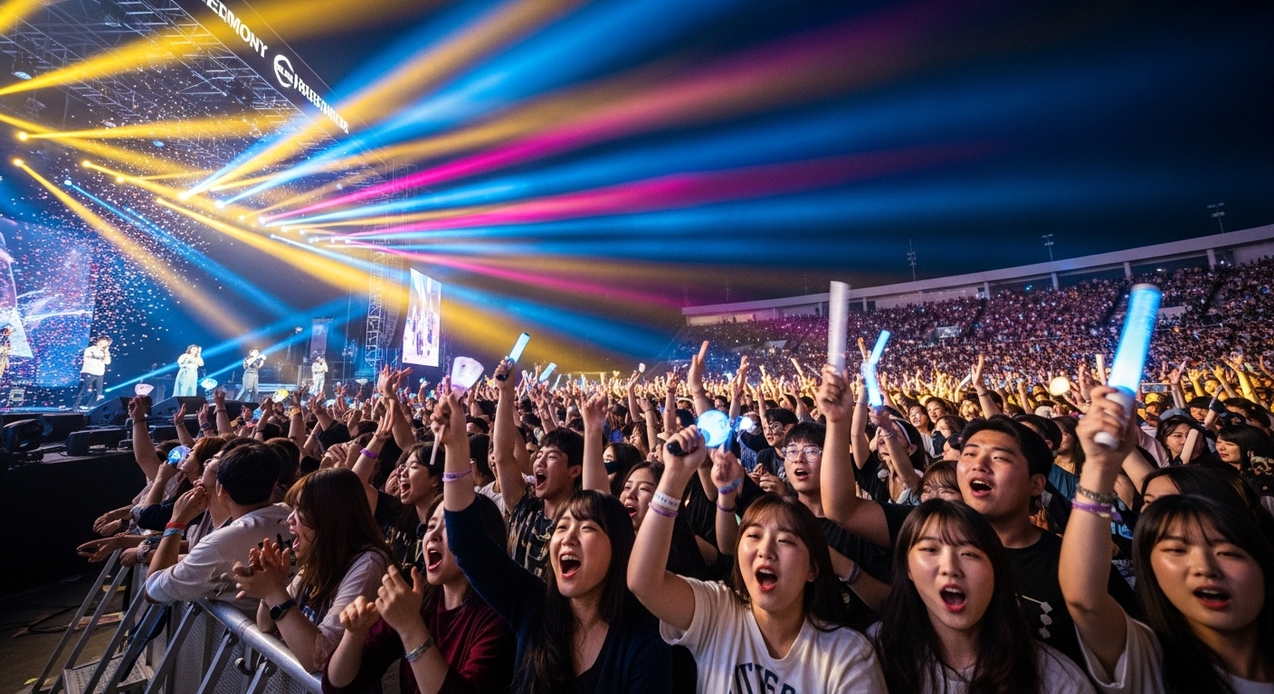 한국 음악 팬들이 야외 콘서트 장소에서 흥분된 모습