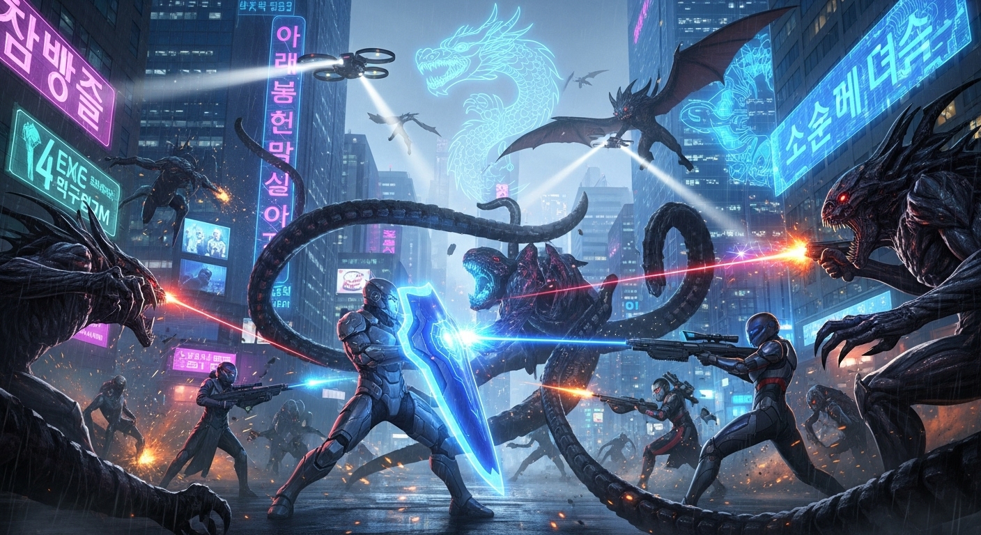한국의 미래 도시를 배경으로 펼쳐지는 히어로와 괴물 간의 격렬한 전투