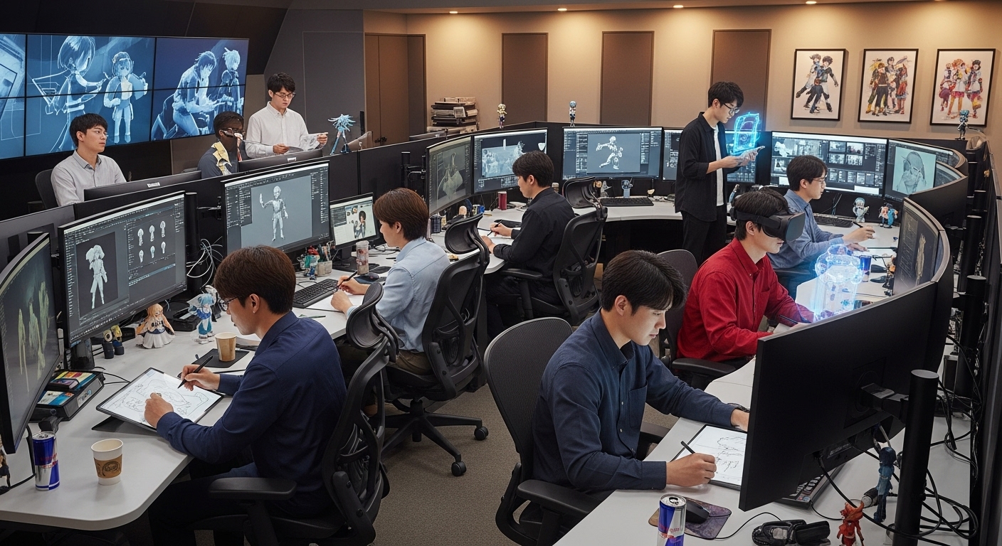 첨단 컴퓨터 앞에서 애니메이션 시리즈의 시각적 품질을 개선하고 있는 한국 아티스트들
