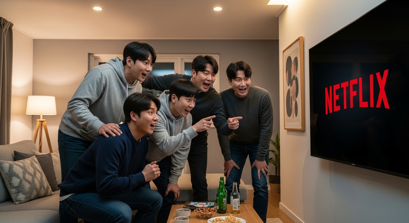 넷플릭스 로고가 보이는 TV 앞에서 흥분한 한국 남성들
