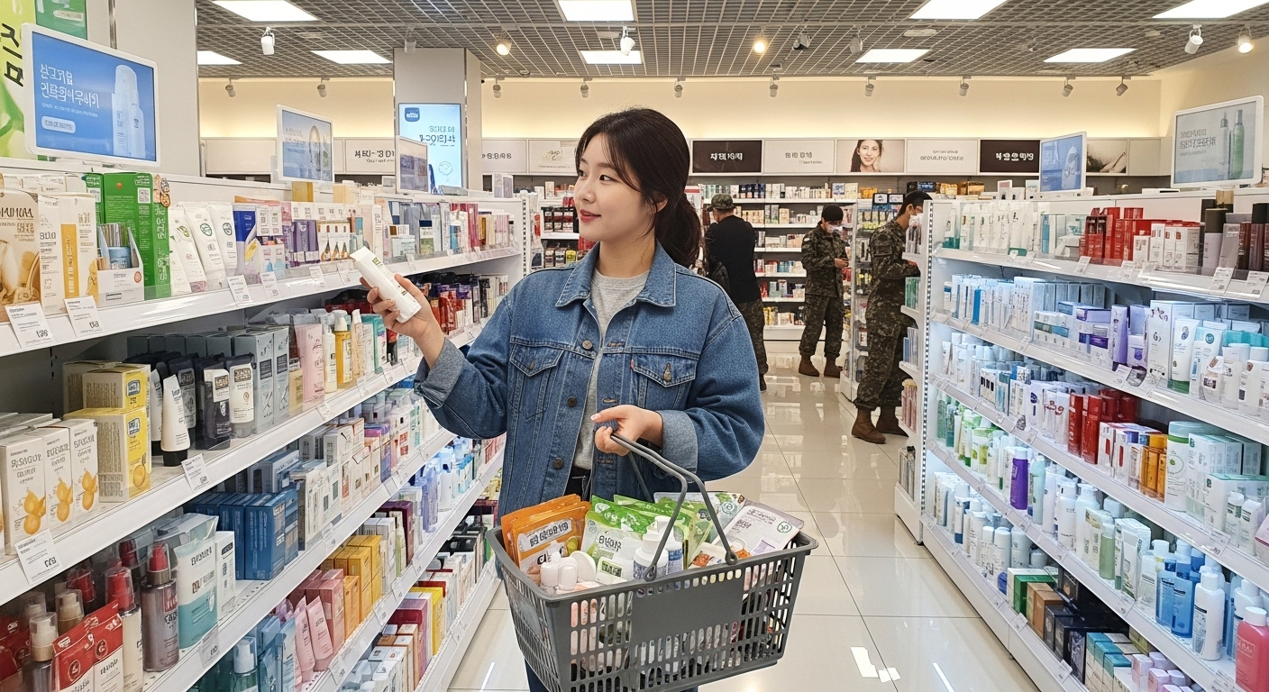 군대 매장에서 화장품을 고르고 있는 여성의 모습