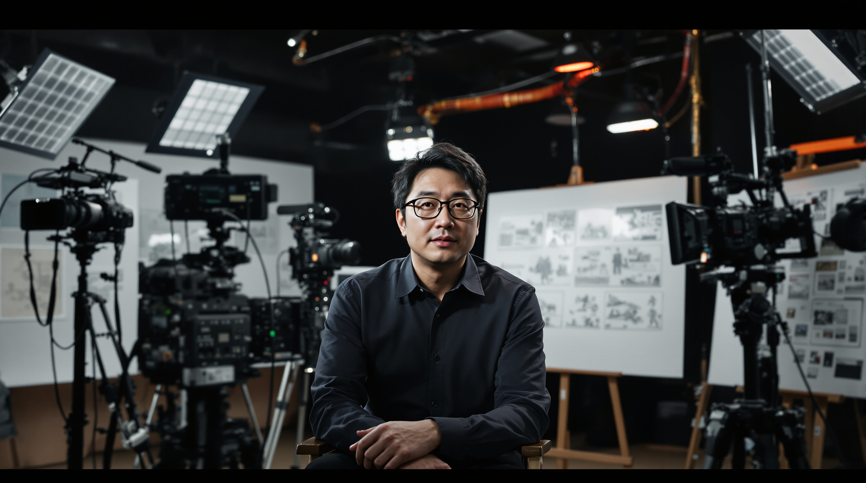 현대적 촬영 스튜디오에서 카메라 장비와 스토리보드에 둘러싸인 이상일 감독
