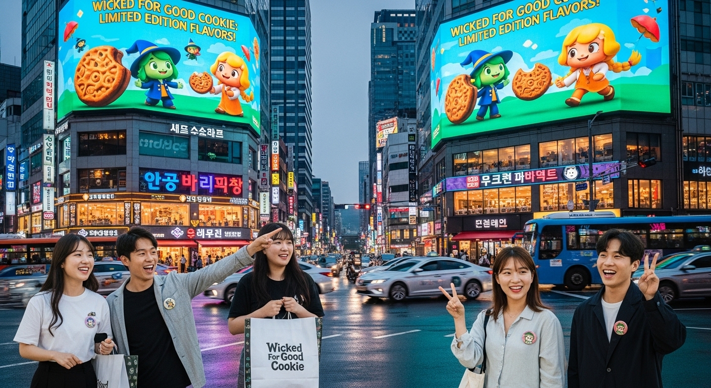 서울 도심 속 대형 전광판에 워키드 포굿 쿠키 캐릭터들이 등장하고 팬들이 거리에서 활기차게 대화하는 장면