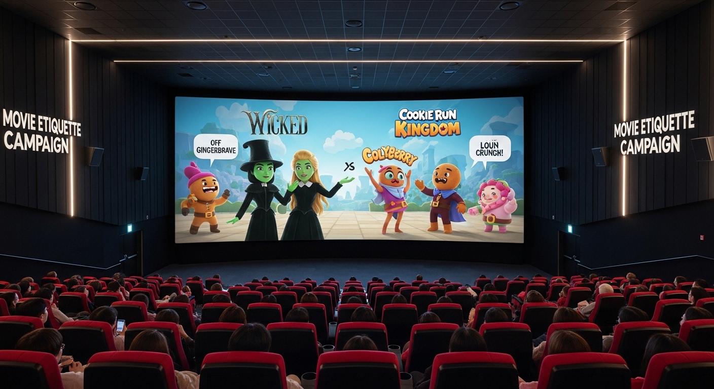CGV 극장 내부에서 워키드 X 쿠키런 킹덤 콜라보 에티켓 캠페인 영상이 상영되고 관객들이 집중해서 보고 있는 모습