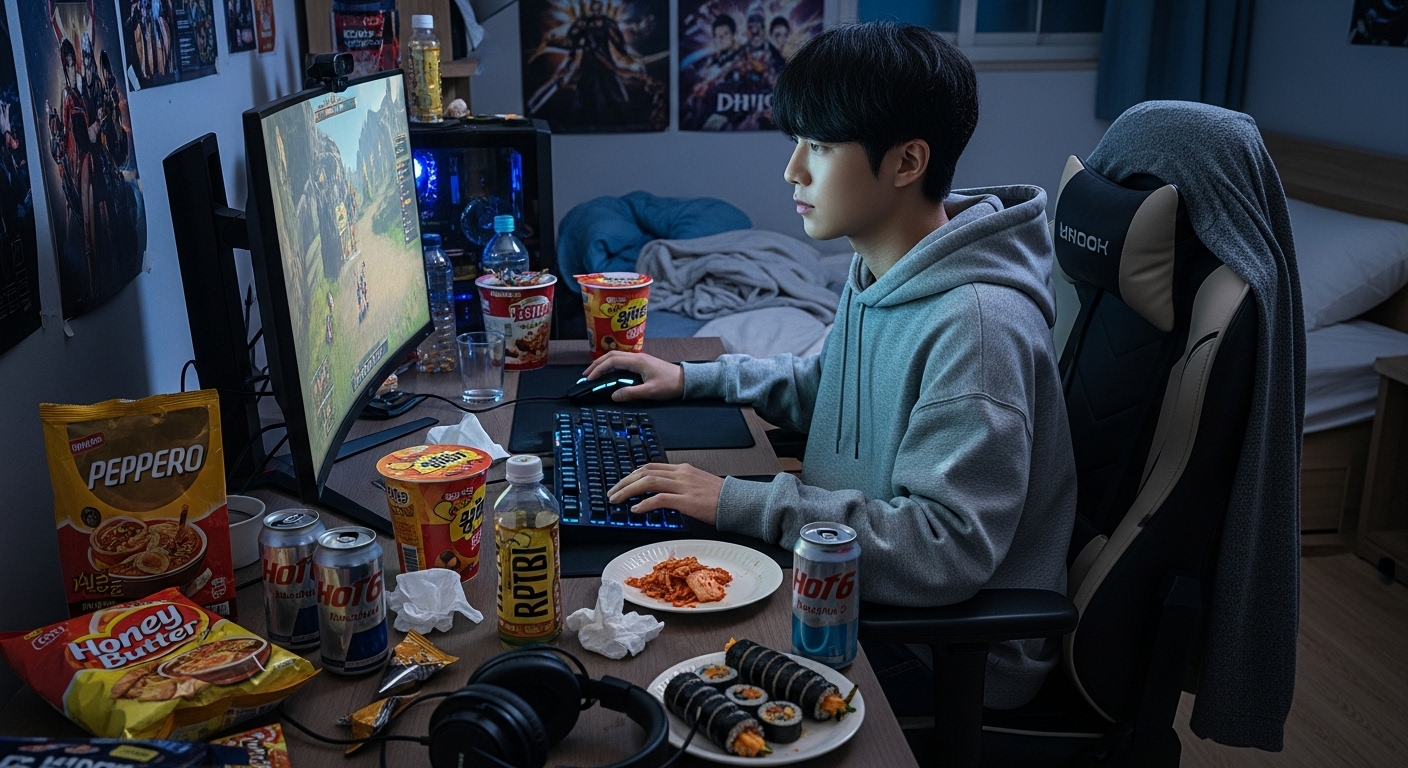 아늑한 방에서 게임을 즐기며 퀘스트를 수행하는 게이머의 일상
