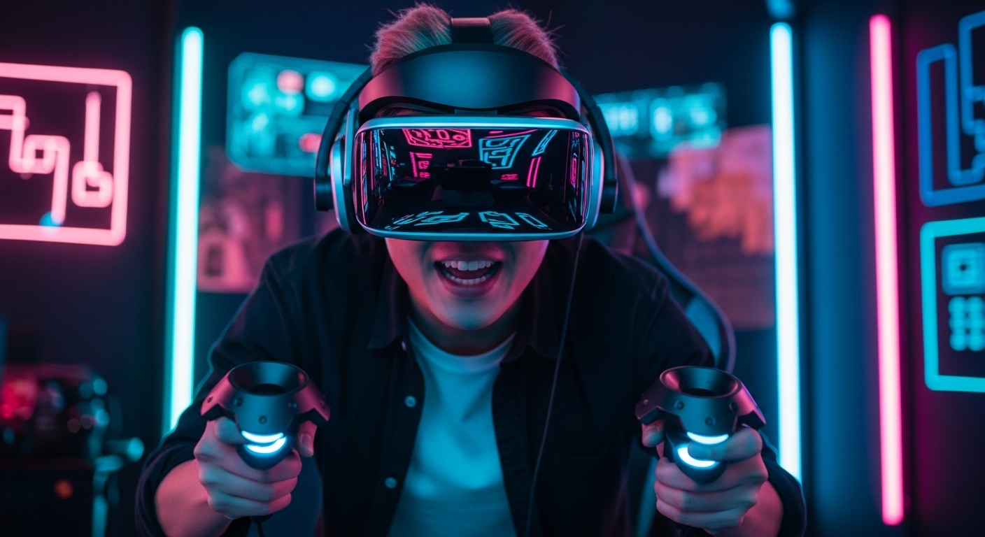 네온 불빛 방에서 최첨단 헤드셋과 컨트롤러로 VR 핀볼을 즐기는 게이머
