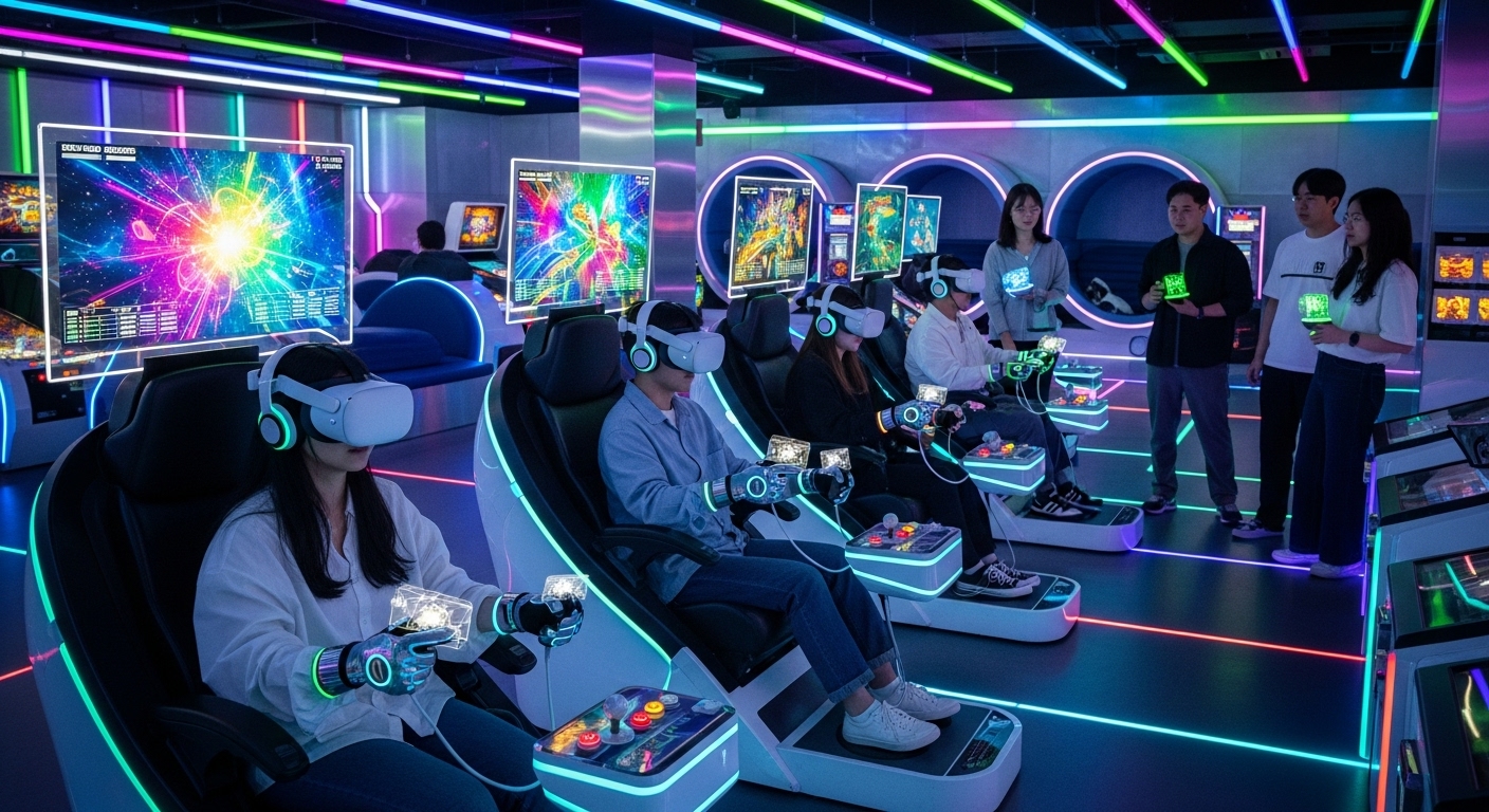 첨단 VR 장비로 몰입형 핀볼게임을 즐기는 미래지향적인 아케이드 장면