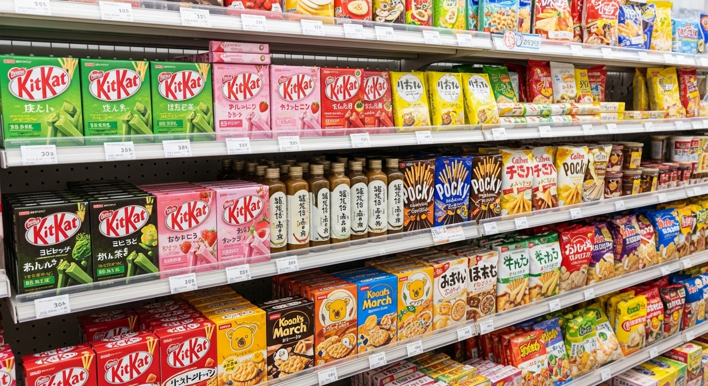 킷캣 등 다양한 맛의 일본 과자로 가득한 진열대