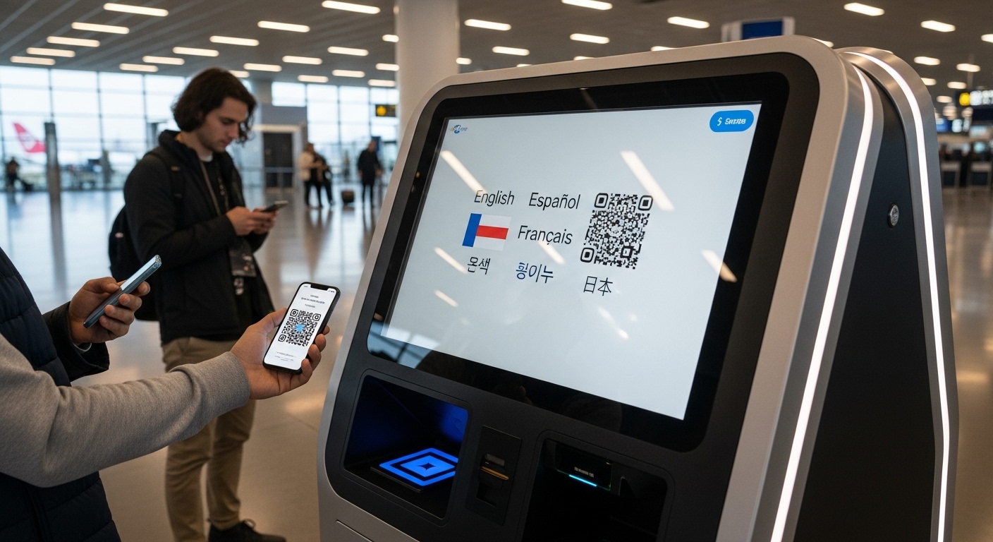 다양한 언어 옵션이 표시된 공항 키오스크와 QR코드를 스캔하는 여행객들