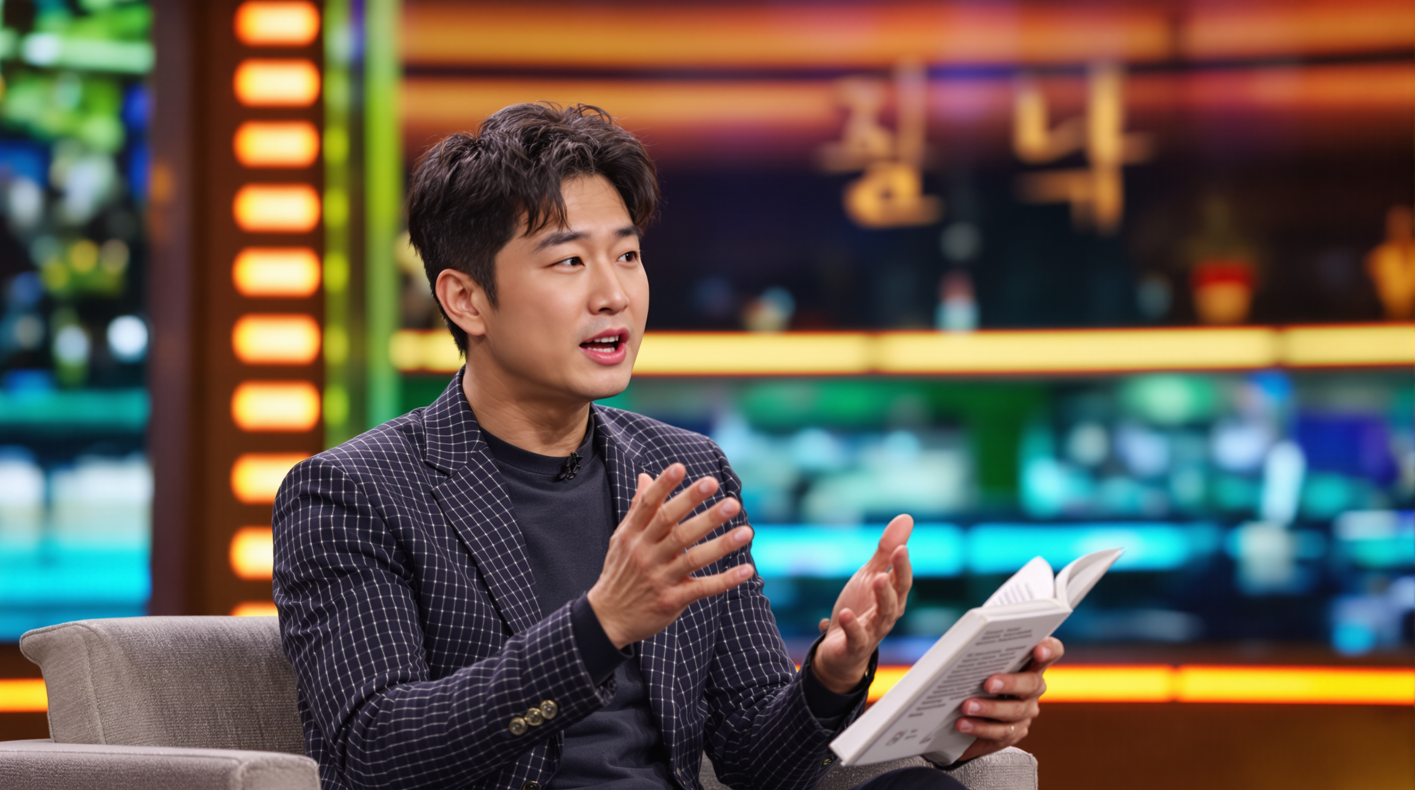 배우이자 출판사 대표인 박정민이 TV 토크쇼에서 책에 대해 열정적으로 이야기하는 모습