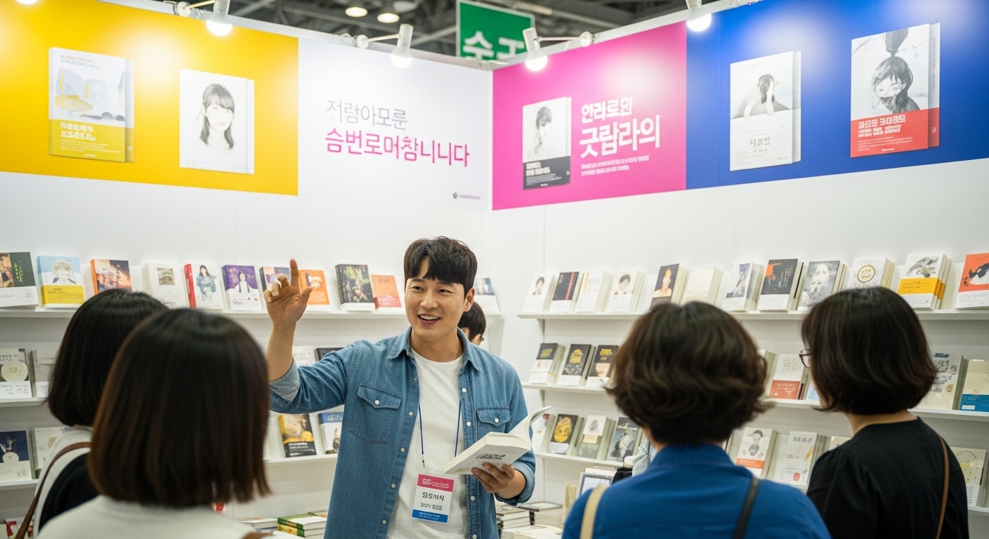활기찬 분위기의 도서전 부스에서 관객들과 소통하는 한국 남성