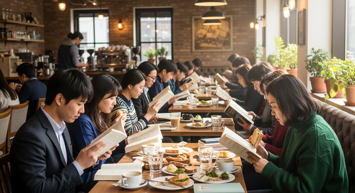 점심시간 카페에서 책을 읽는 다양한 연령대의 사람들