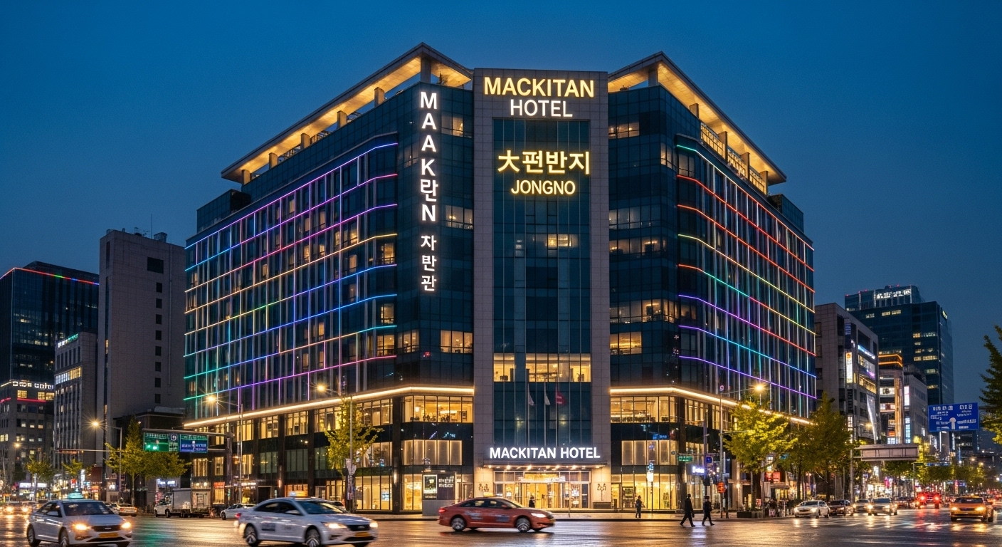 밤에 화려한 조명으로 장식된 매키탄 호텔 외관