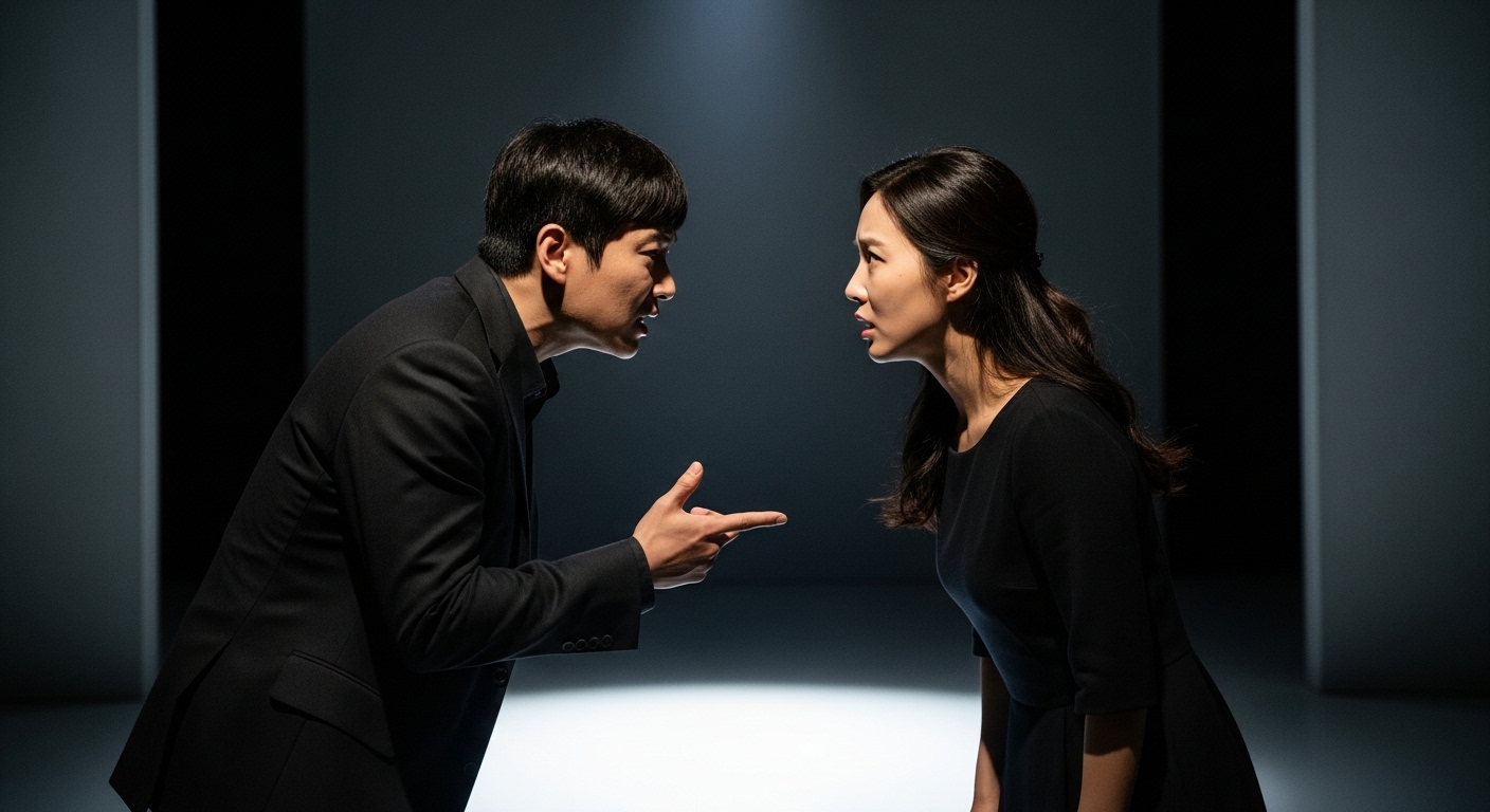 최소한의 무대 장치 아래 열띤 대화를 나누는 두 배우