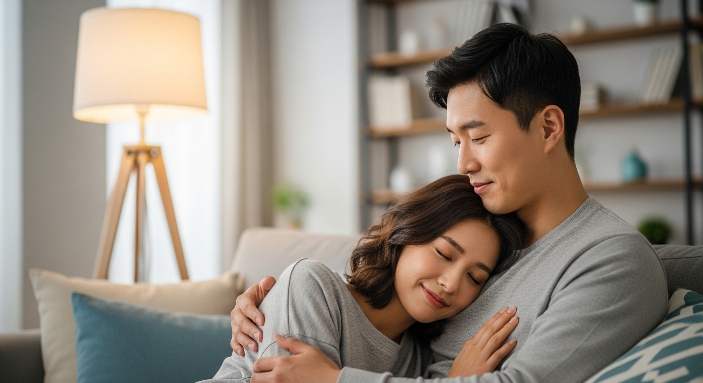 거실에서 서로를 바라보며 감정을 나누는 커플