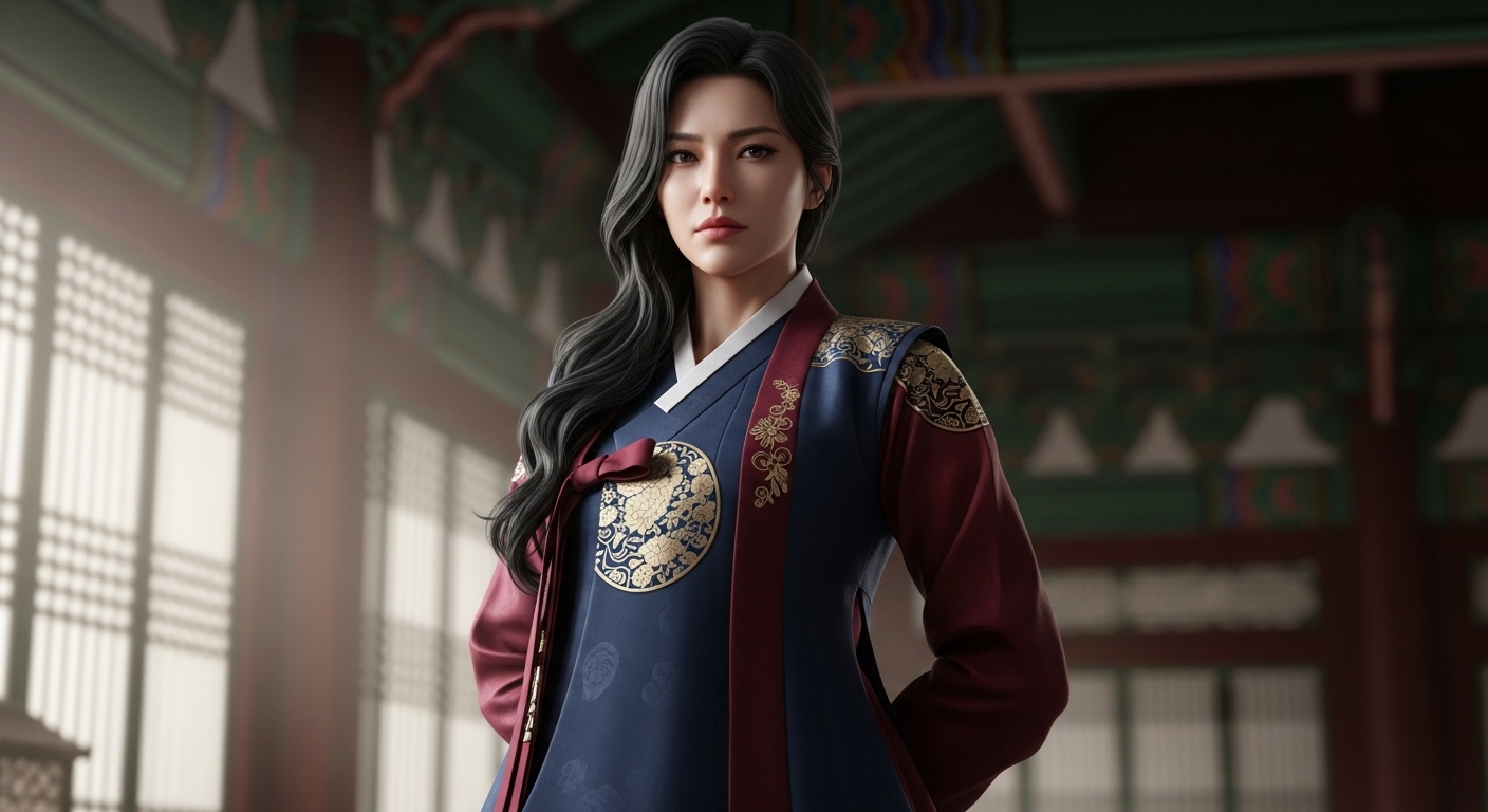 당당하게 서 있는 우아한 의상의 강렬한 여성 캐릭터