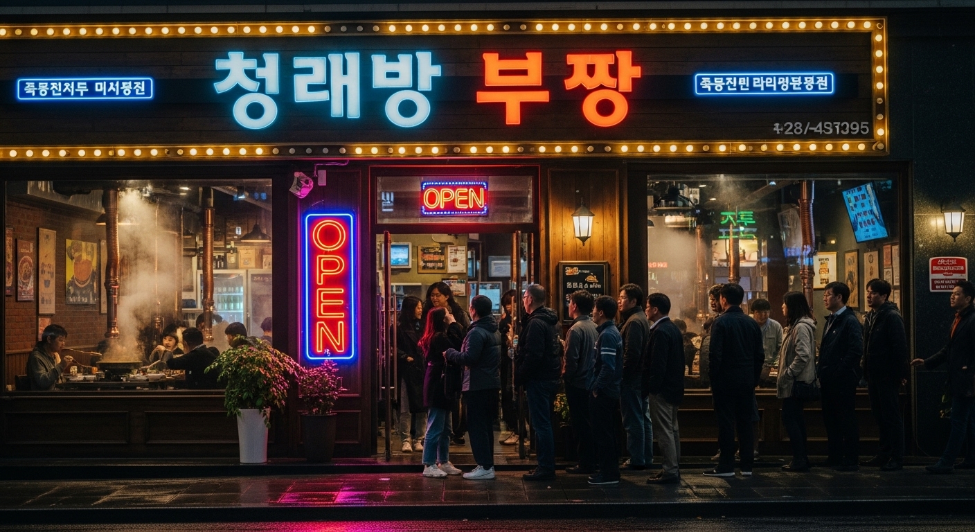 북적이는 한국 훠궈 레스토랑 입구에서 기다리는 손님들