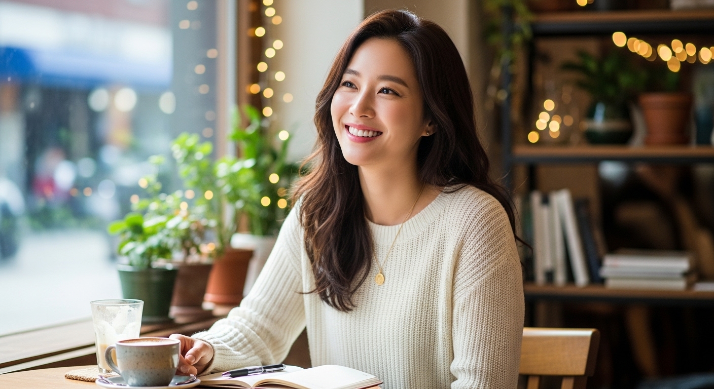 카페에서 밝은 미소를 띄고 미래의 관계에 대해 긍정적으로 생각하는 여배우