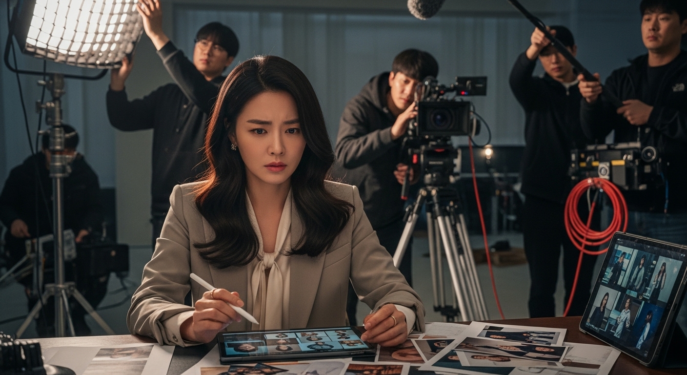 드라마 촬영장에서 이미지 변신을 위해 집중하는 여배우와 촬영진