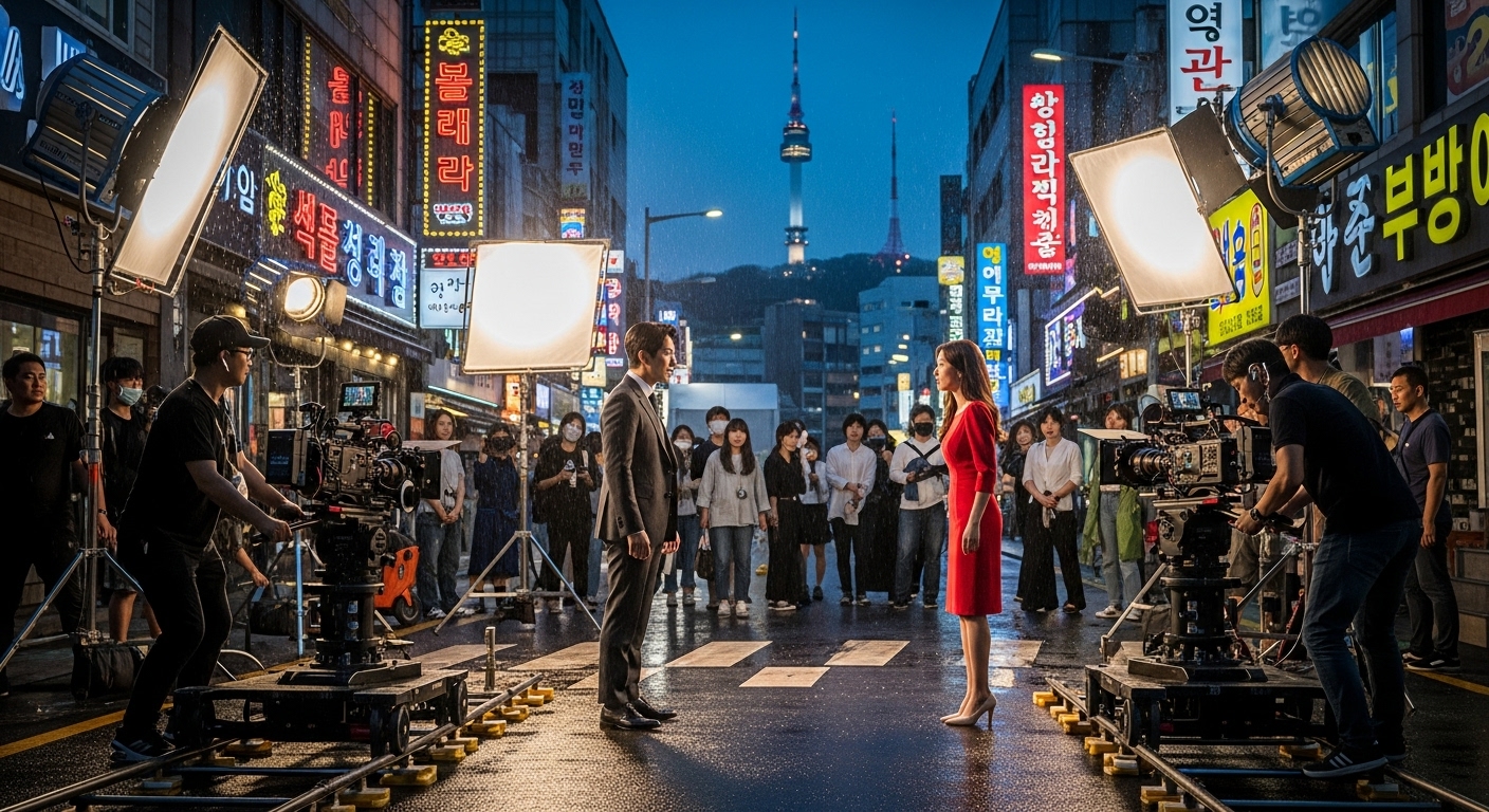 배우들이 촬영 세트장에서 드라마 장면을 준비하는 모습