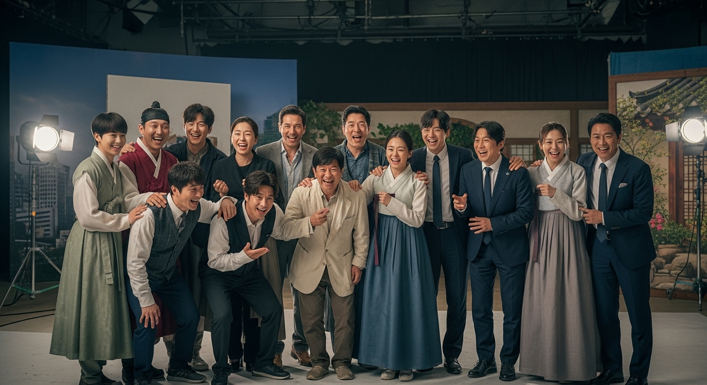 배우들이 캐릭터 의상을 입고 스튜디오에서 함께 포즈를 취하는 모습