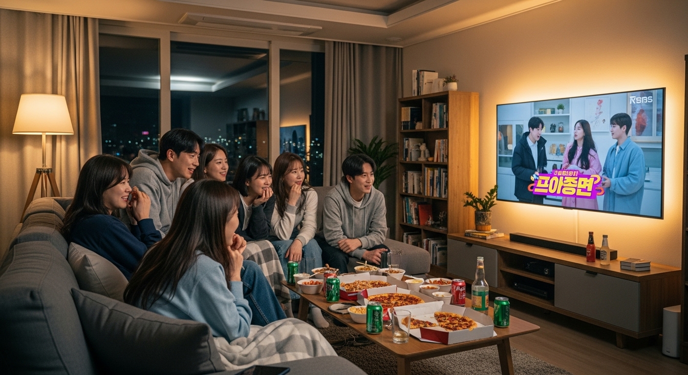 젊은 성인들이 거실에서 함께 리얼리티 쇼를 시청하는 모습