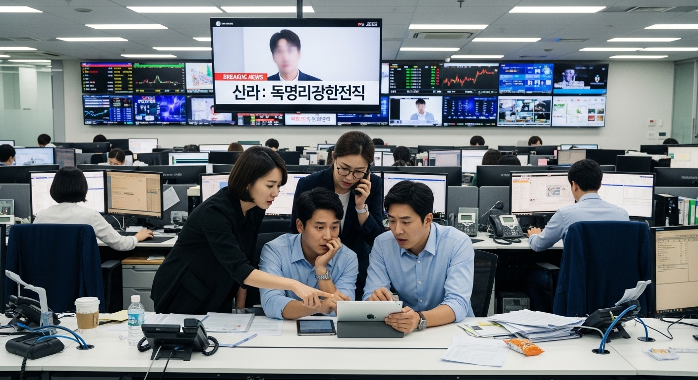 한국 뉴스룸에서 연예인 스캔들을 보도하는 기자들의 분주한 모습