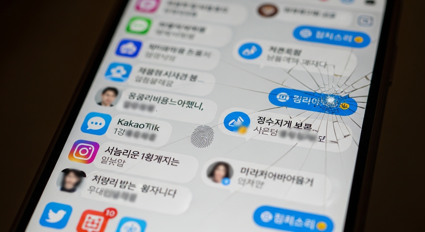 스마트폰 화면에 흐릿하게 보이는 채팅 메시지와 소셜 미디어 알림