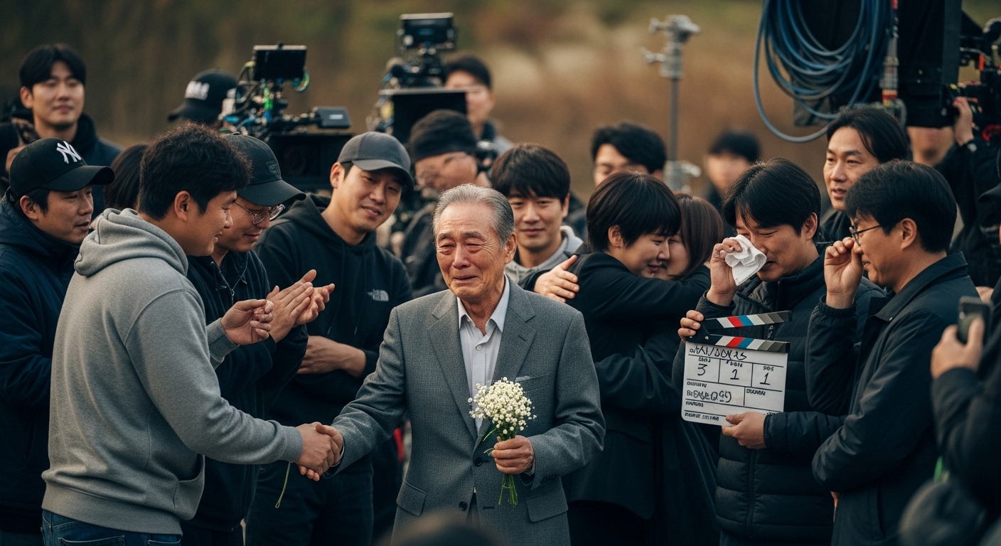 마지막 촬영 후 출연진 및 스태프와 함께하는 감동적인 작별 장면