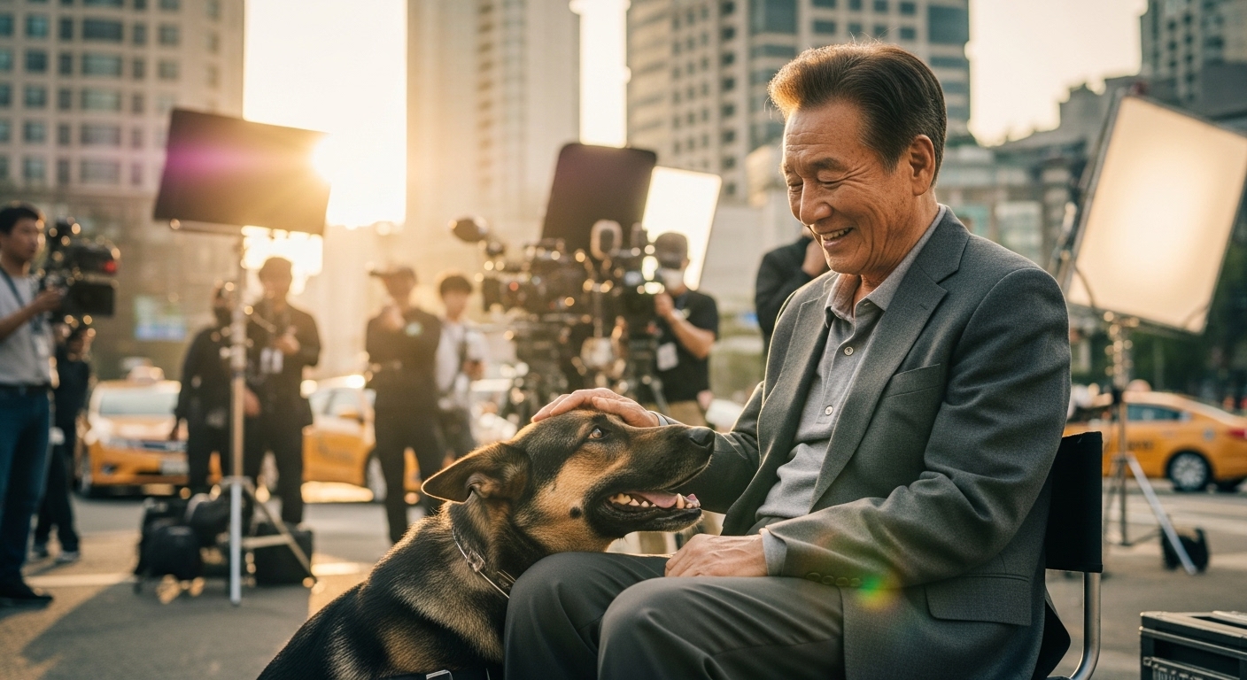 노년 배우와 경찰견이 함께 촬영하는 따뜻하고 유쾌한 장면