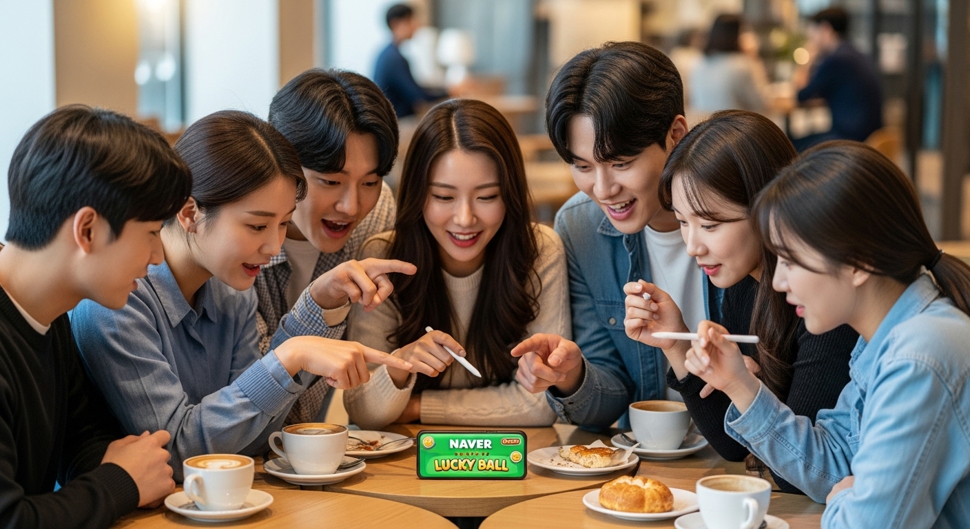 카페에서 커피를 마시며 네이버 럭키볼 전략을 논의하는 젊은이들