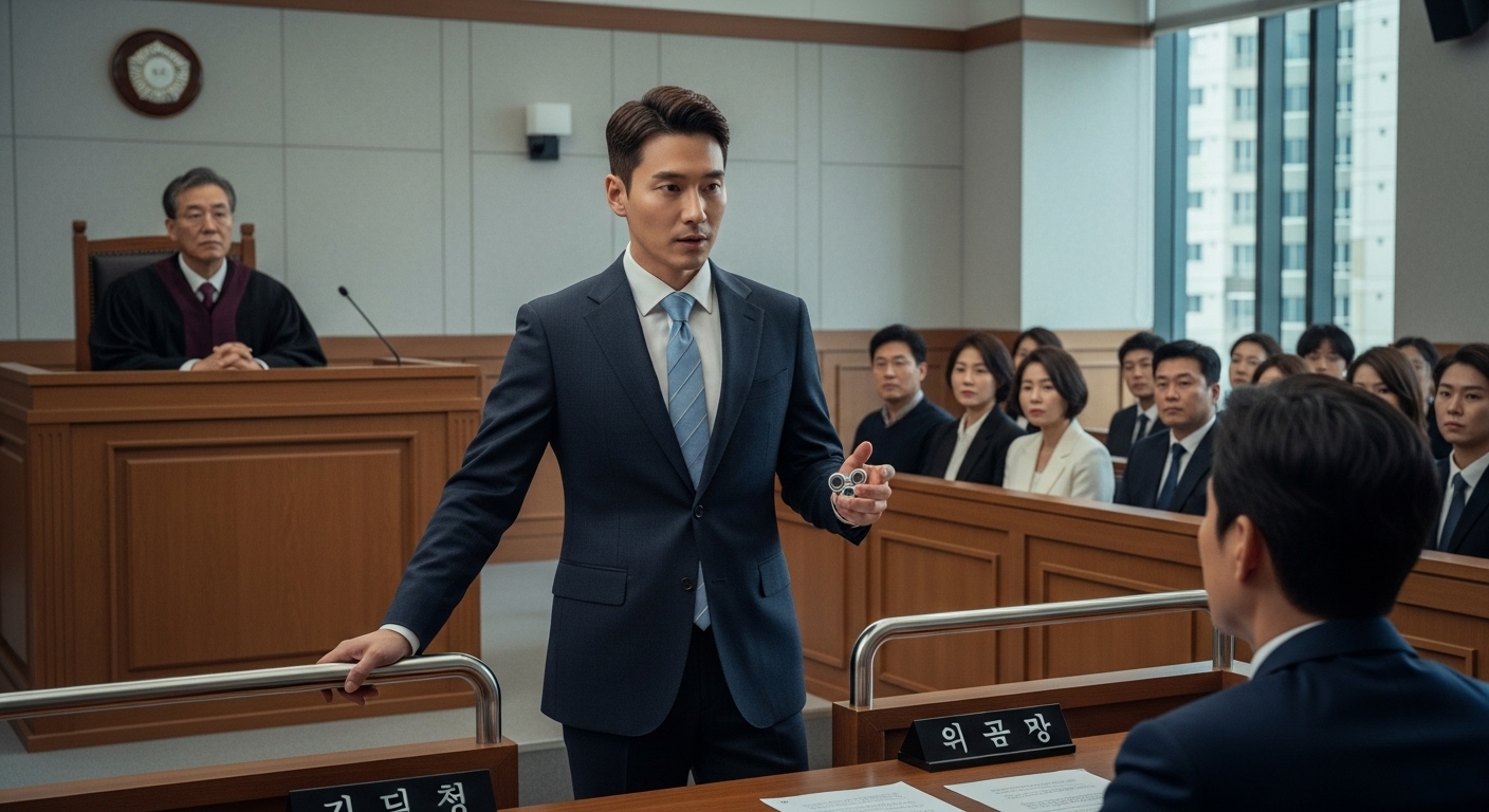 현대적 분위기의 법정에서 자폐를 가진 한국 변호사가 판사와 배심원에게 설득력 있는 주장을 펼치는 모습