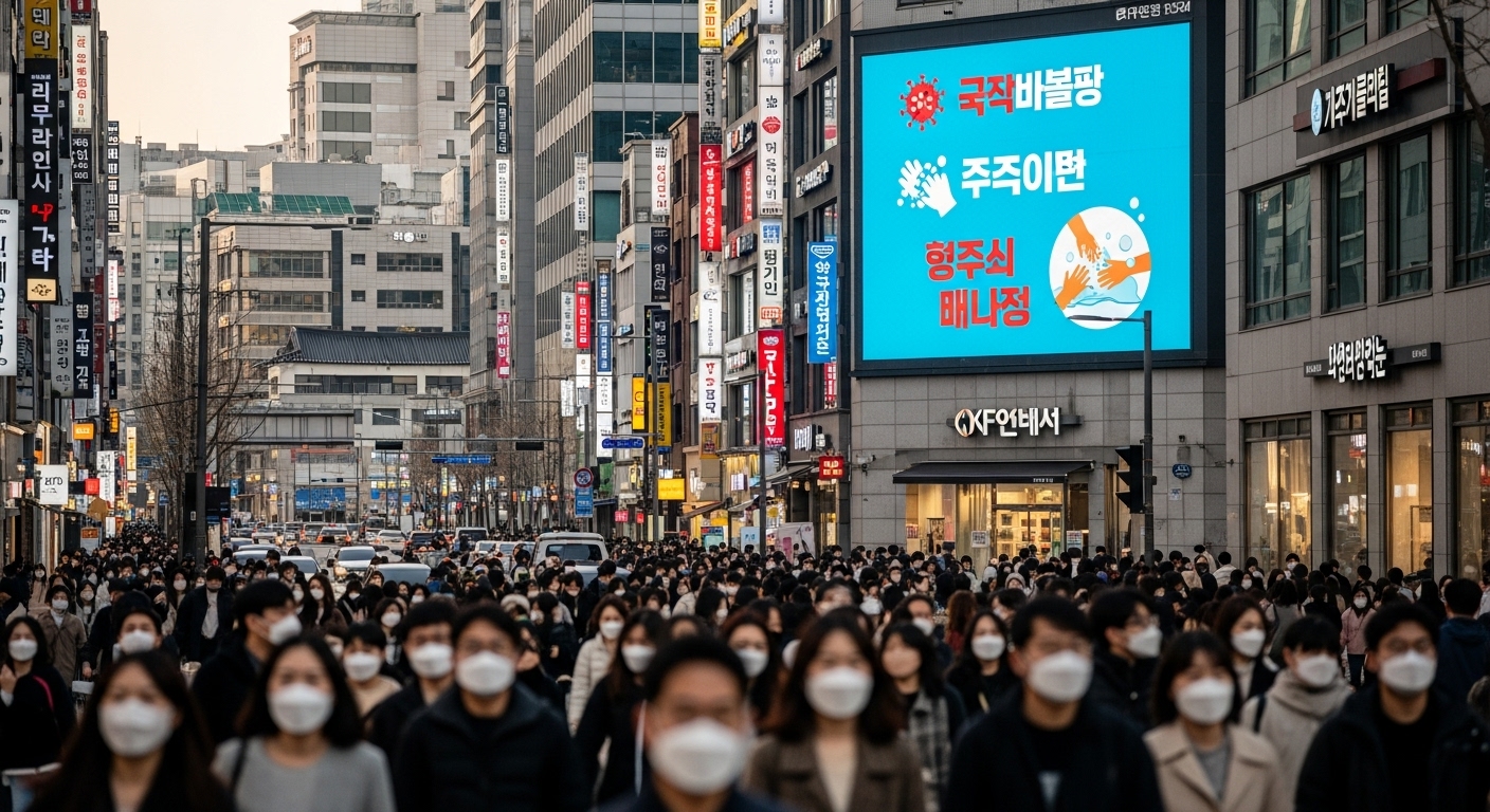서울 거리에서 마스크를 쓴 사람들이 오가는 모습과 디지털 화면에 표시된 독감 주의 메시지