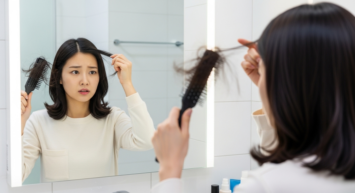 욕실 거울 앞에서 머리카락이 빠진 빗을 들고 걱정하는 여성