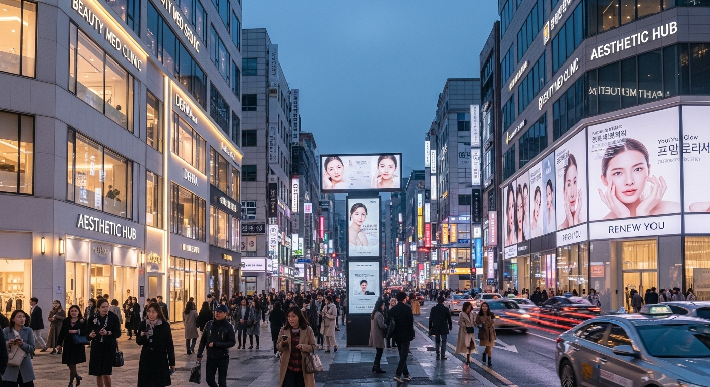 서울의 현대적인 성형외과가 줄지어 있는 거리와 지나가는 사람들