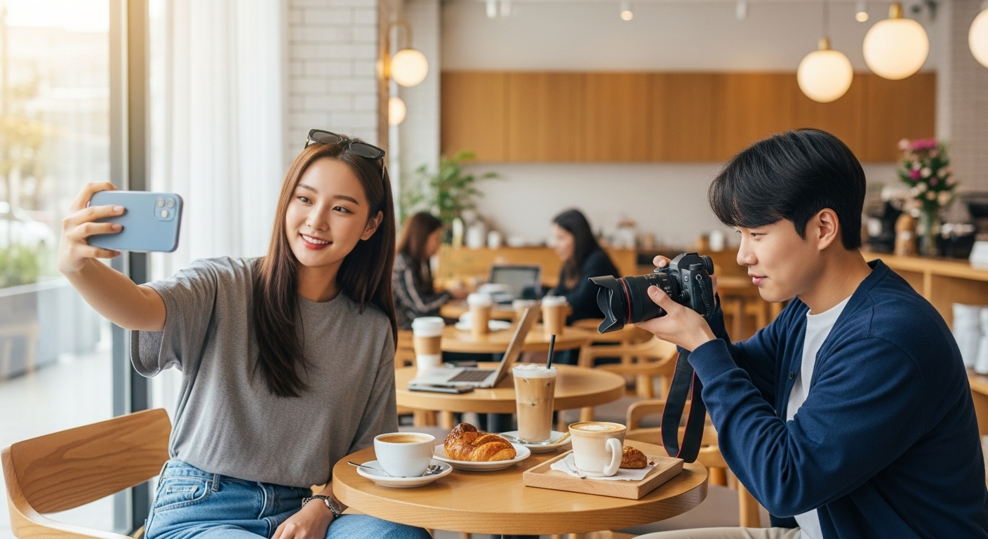 세련된 카페에서 콘텐츠를 만드는 젊은 인플루언서들