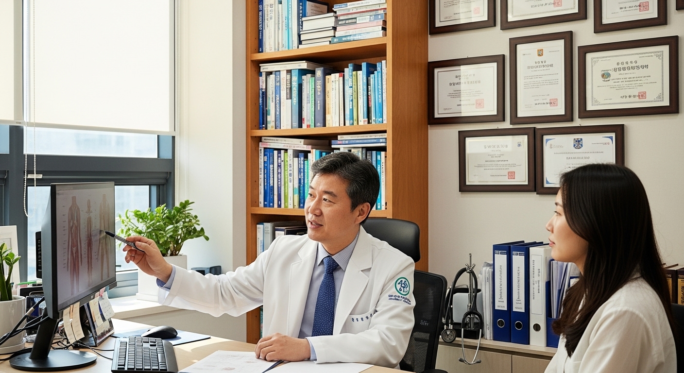 상담실에서 환자에게 시술을 설명하는 전문 의사