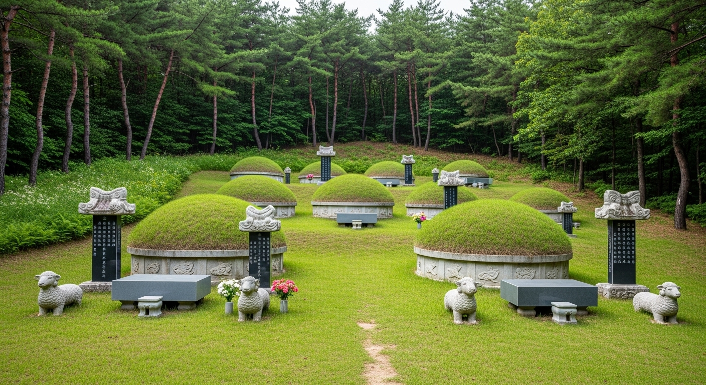 경기도 성남시의 전통적인 무덤 봉분과 석물로 구성된 한국의 조상 묘역