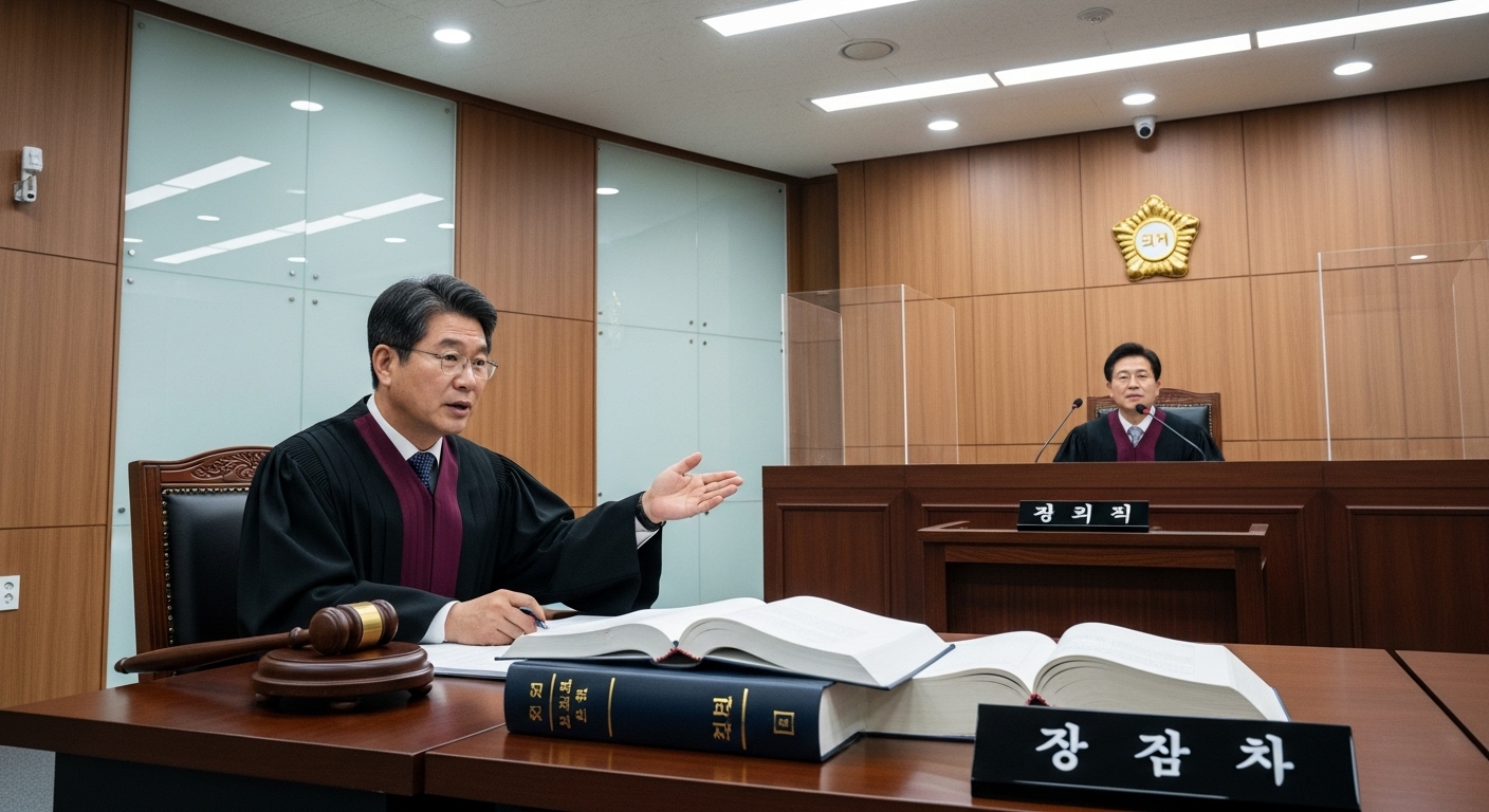 현대 한국 법정에서 판사가 '감치' 개념을 설명하는 모습