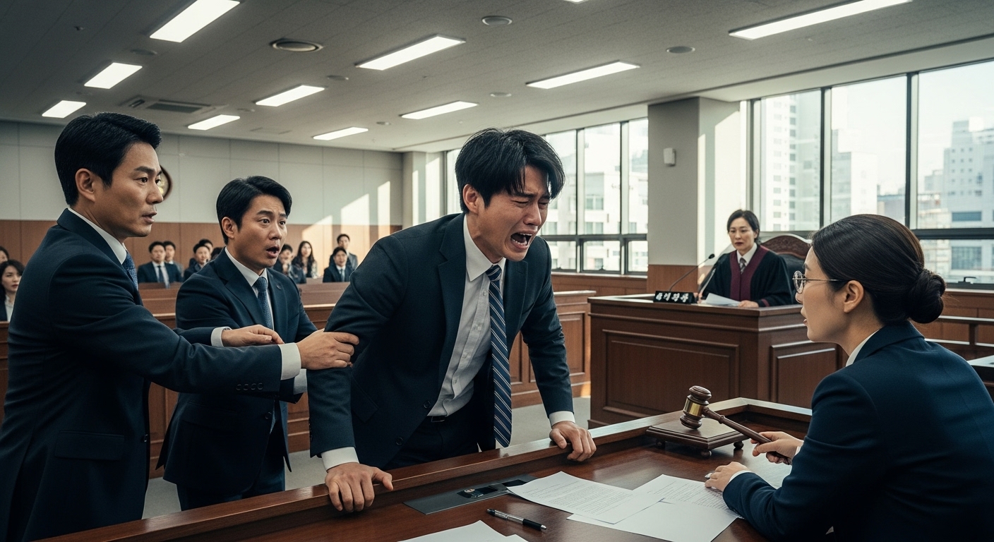 한국 법정에서 감정을 주체하지 못하고 소리치는 사람과 이를 주시하는 판사