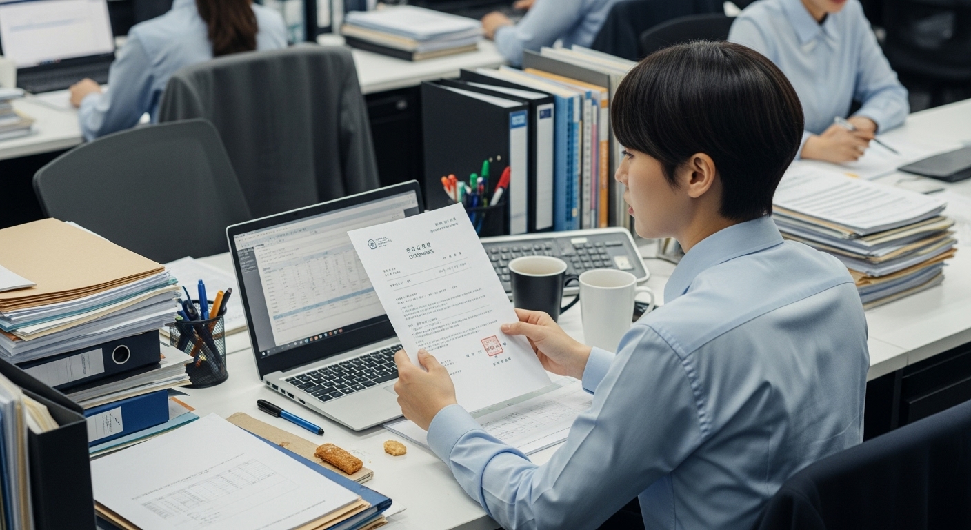 사무실에서 법원 소환장을 받고 걱정스러운 표정을 짓는 바쁜 직장인의 모습