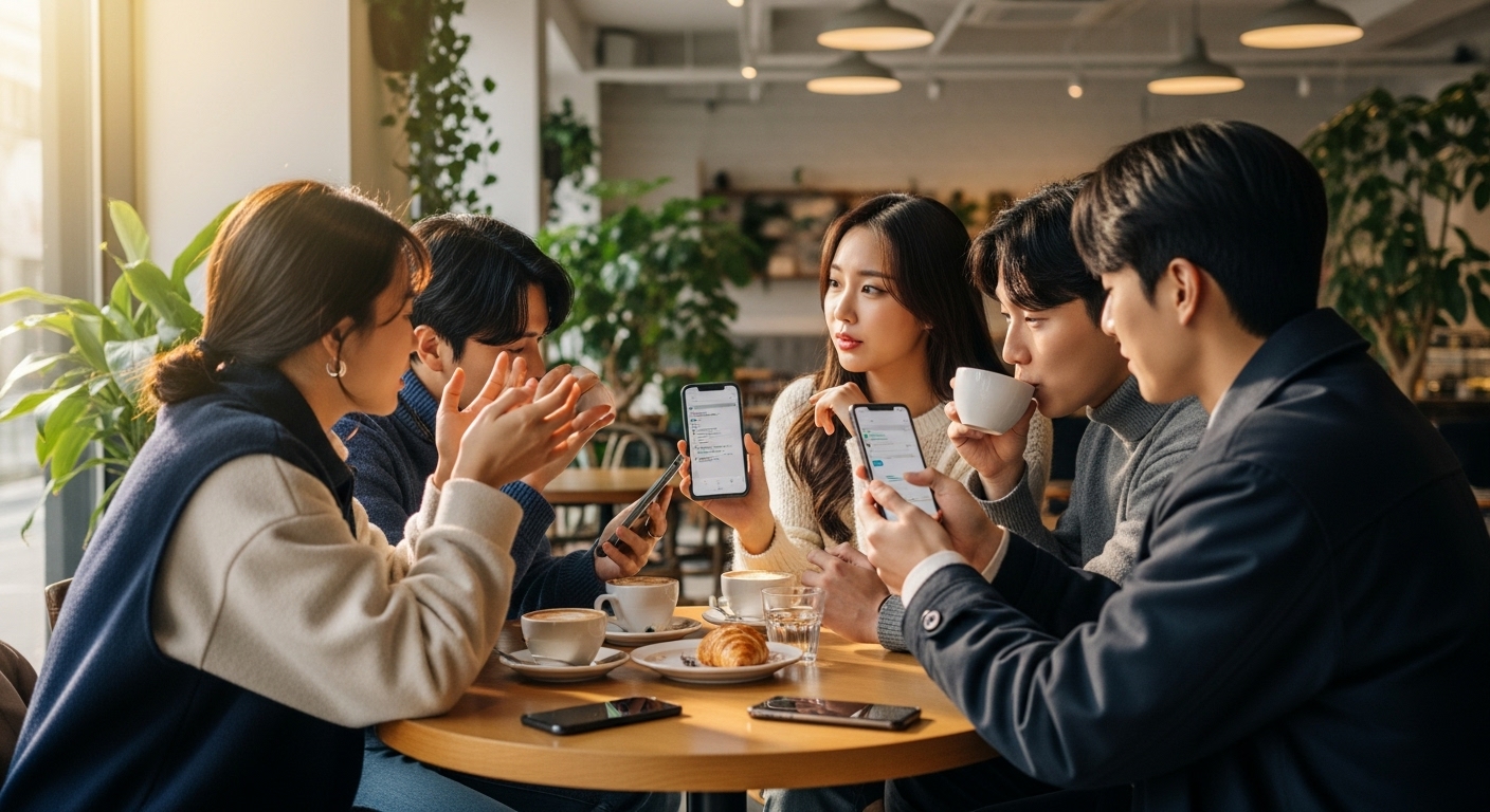 현대 한국의 젊은 성인들이 카페에서 스마트폰을 사용하며 관계에 대해 대화하는 모습