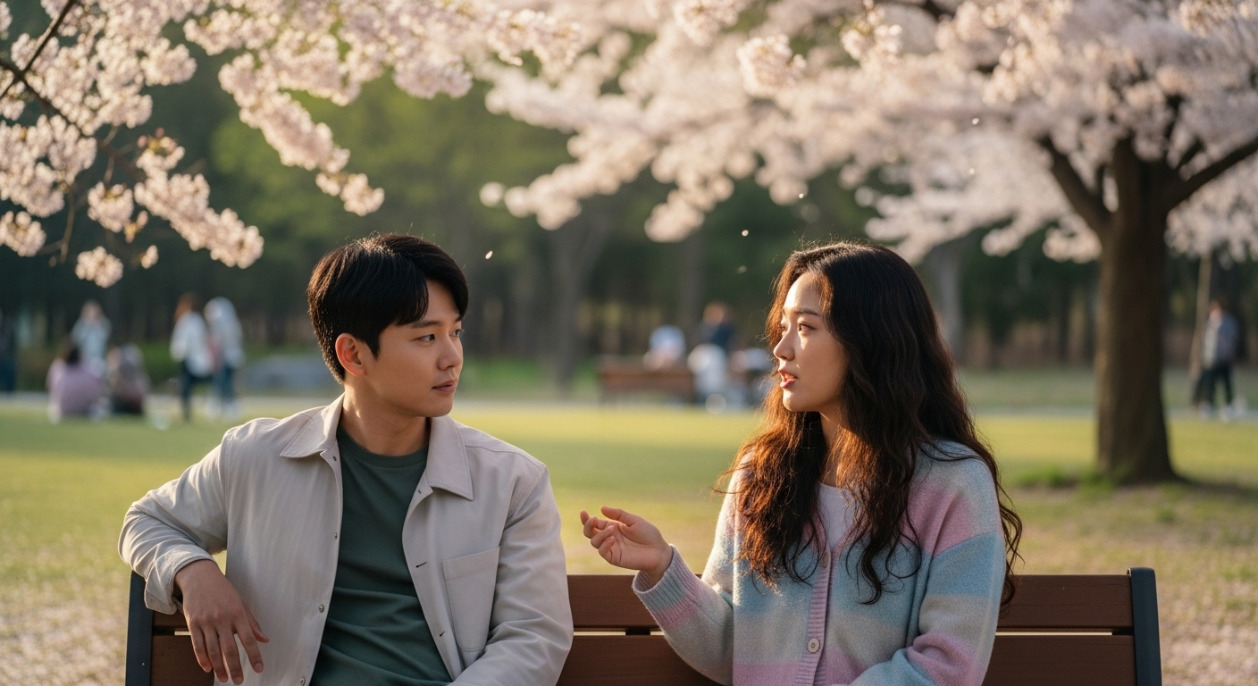 스무 살 정도의 남녀가 벚꽃 아래 공원 벤치에 앉아 관계에 대해 이야기하는 모습