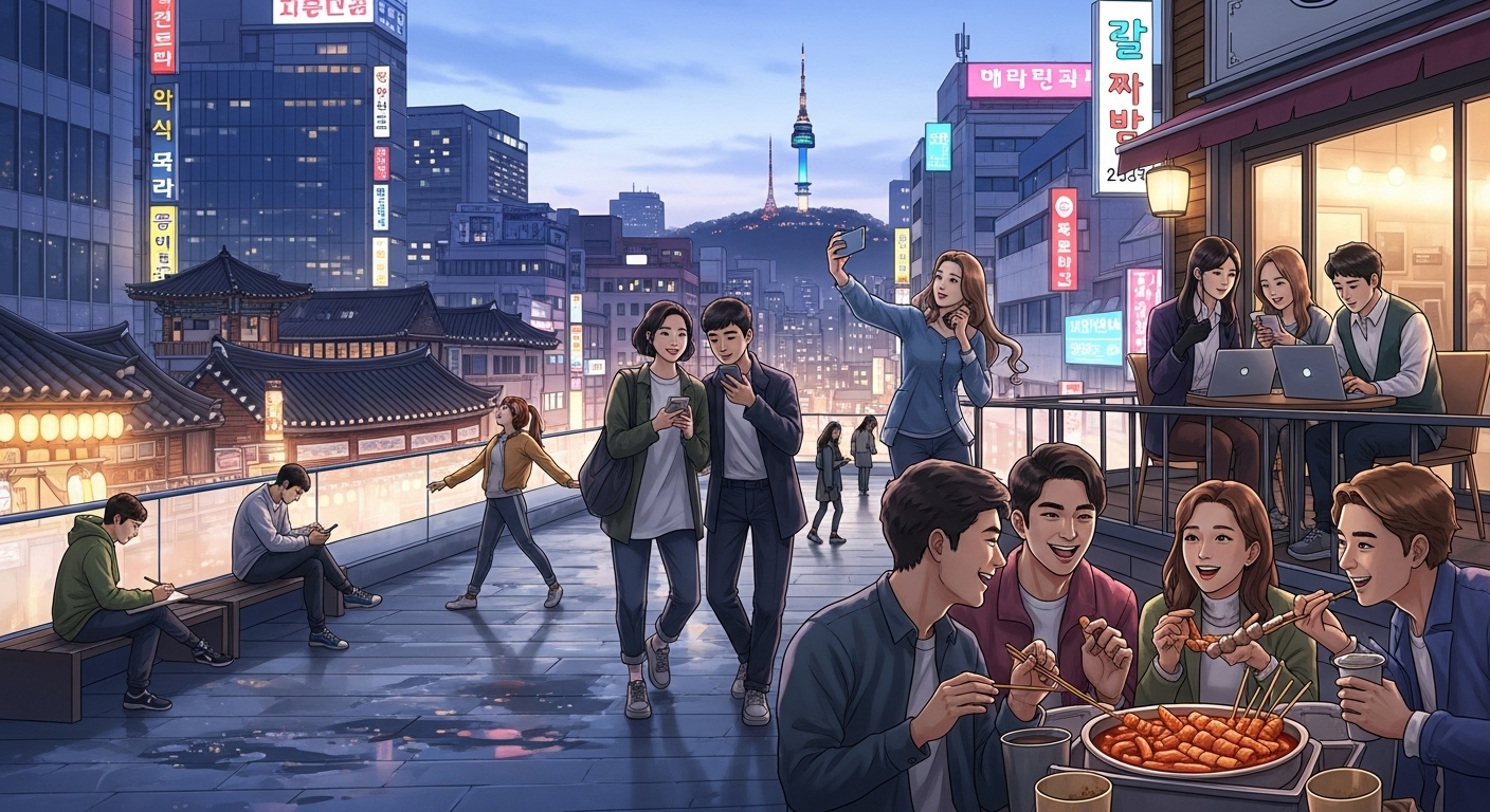 서울 도심 속 다양한 활동을 하는 젊은이들의 모습으로 현대 사회의 트렌드를 반영함