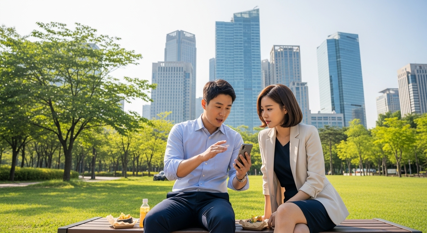 도심 공원에서 점심시간에 스마트폰을 보며 이야기를 나누는 직장인들