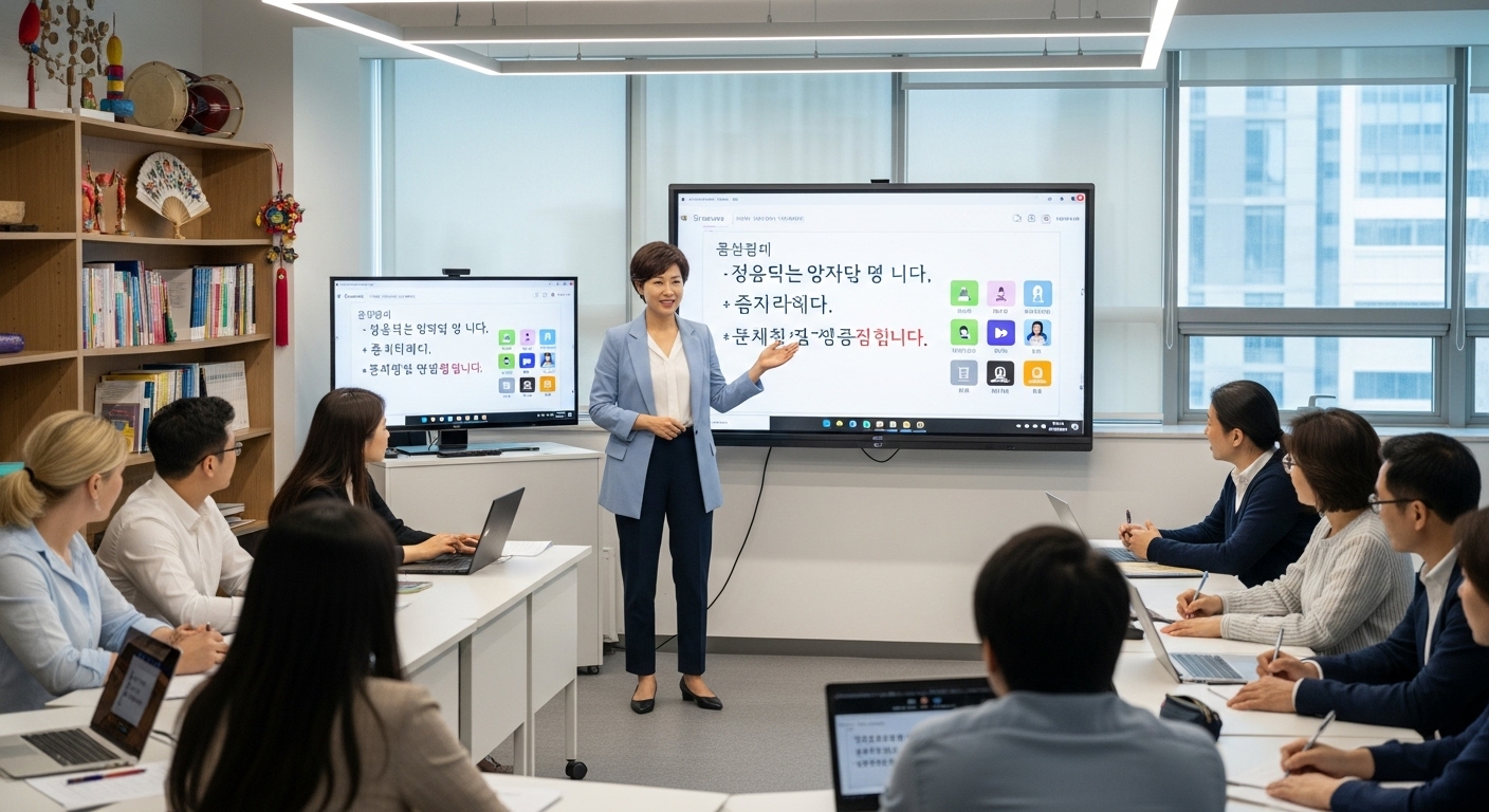 전문 강사가 전자 칠판과 상호작용 도구를 활용해 학생들을 지도하는 장면