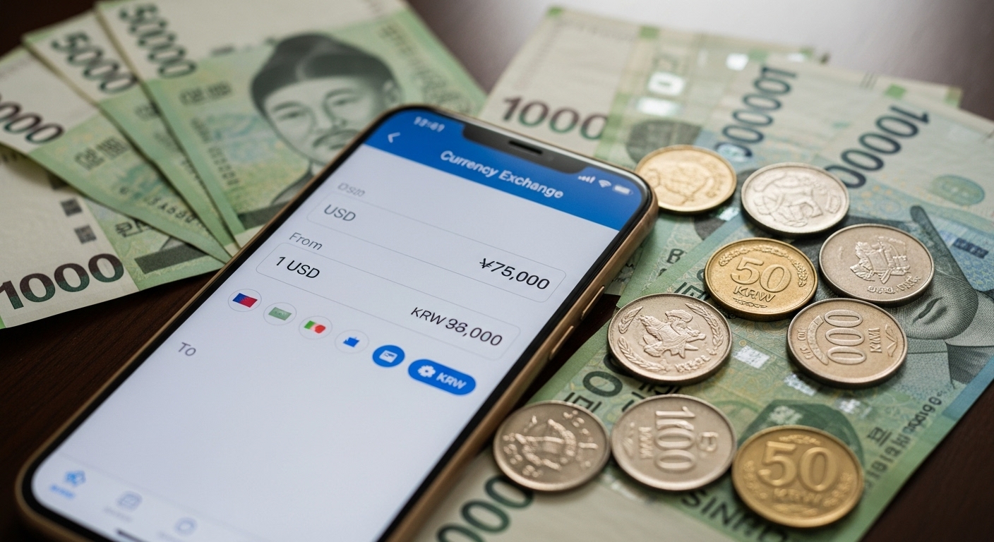 스마트폰 화면에 표시된 은행 앱의 환율 정보와 주변에 놓인 원화 지폐 및 동전