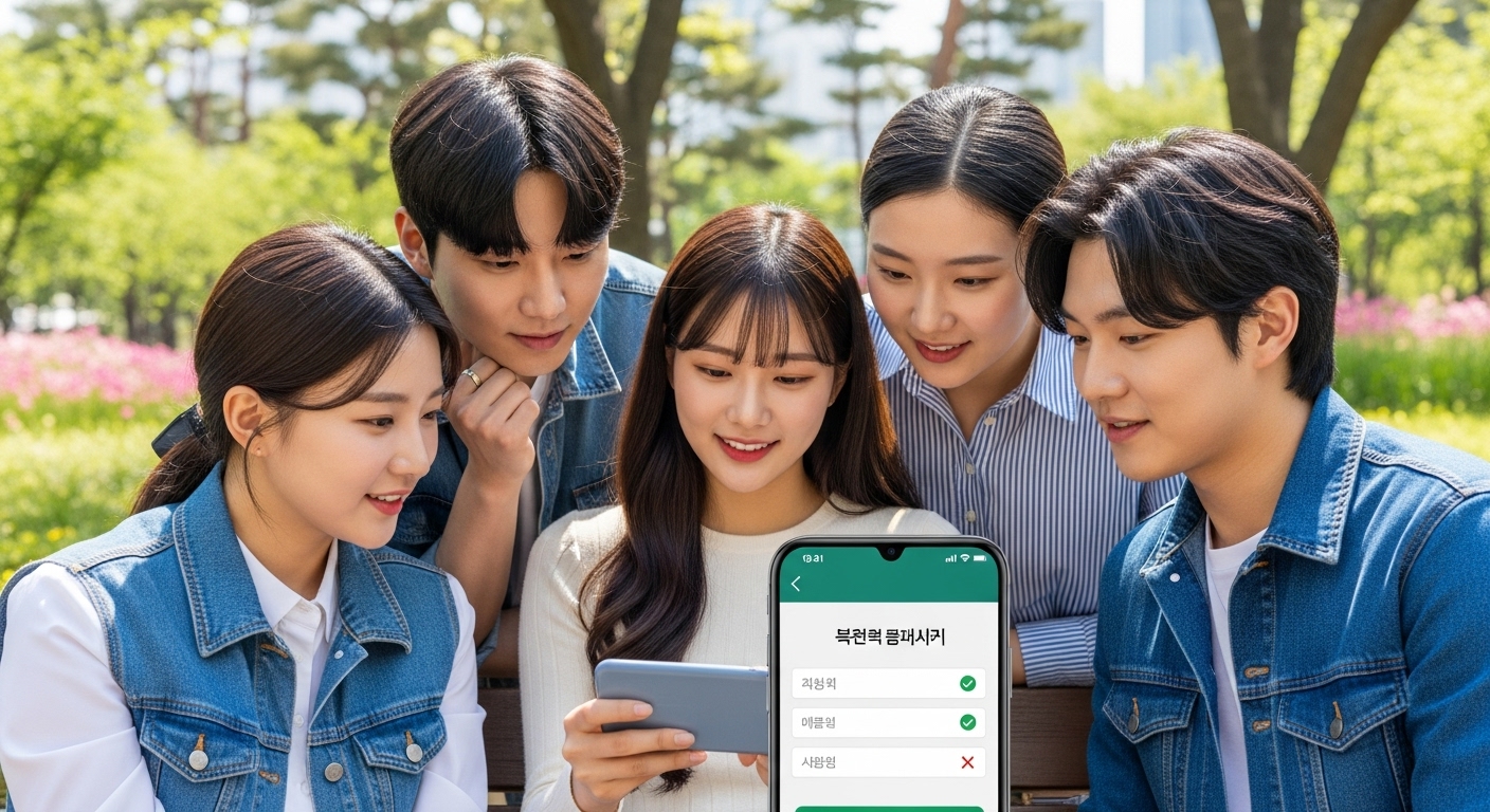 공원에서 스마트폰 앱으로 계좌 가입 조건을 확인하는 젊은 성인들