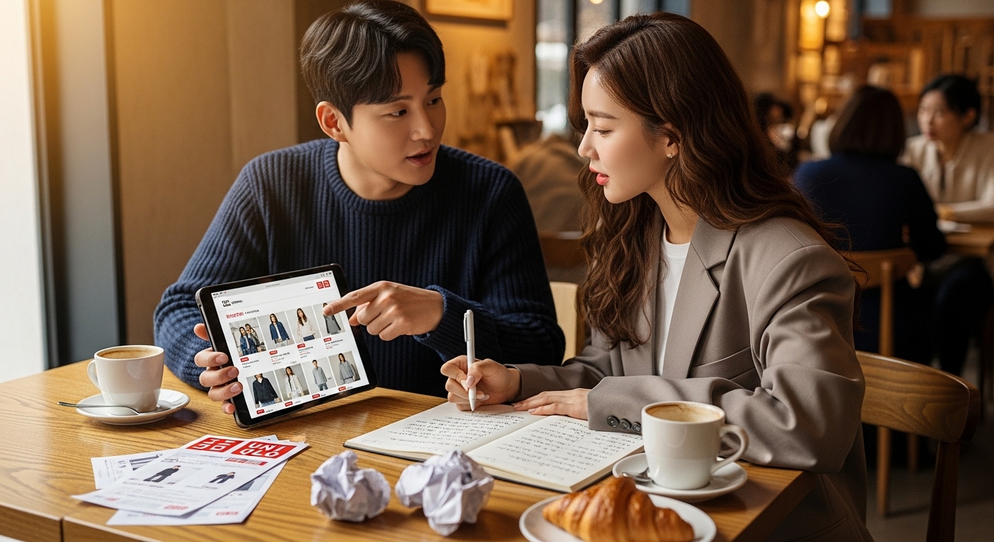 카페에서 태블릿과 노트패드를 이용해 유니클로 세일 계획을 짜는 젊은 커플